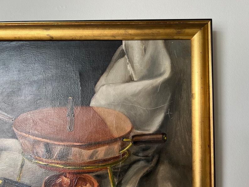 60's Vintage Copper Pot & Onions Impressionist Still Life Oil on Canvas Painting, Signed image 8