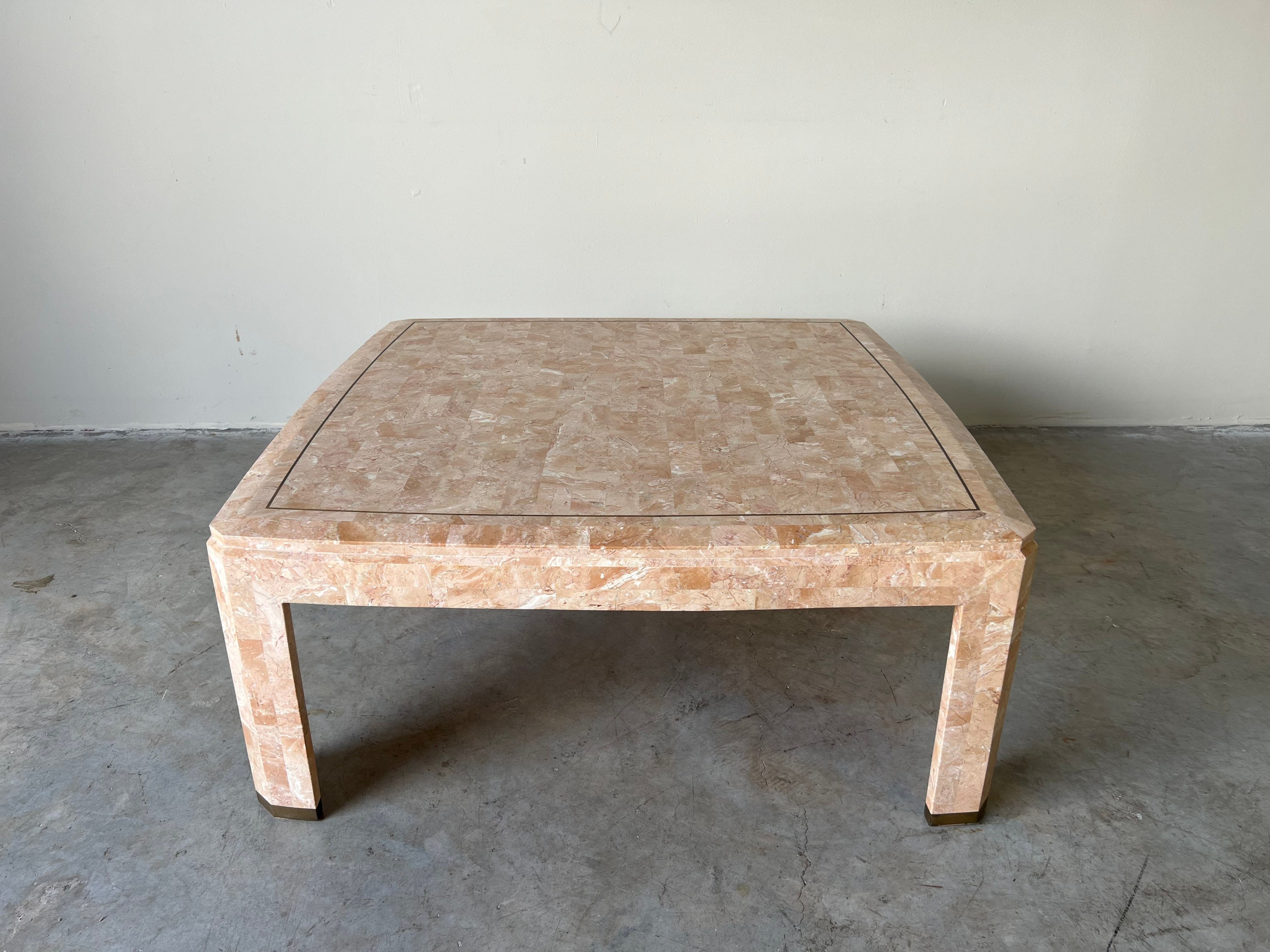 Vintage Maitland Smith Style Tessellated Pink Coral Stone Brass Inlay Square Coffee Table Etsy
