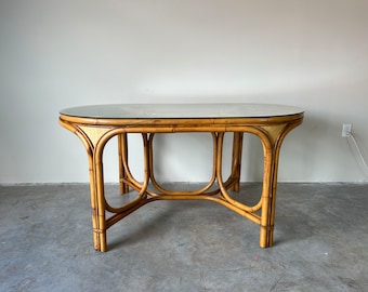 70's Vintage Bamboo & Leather Oval Dining Table