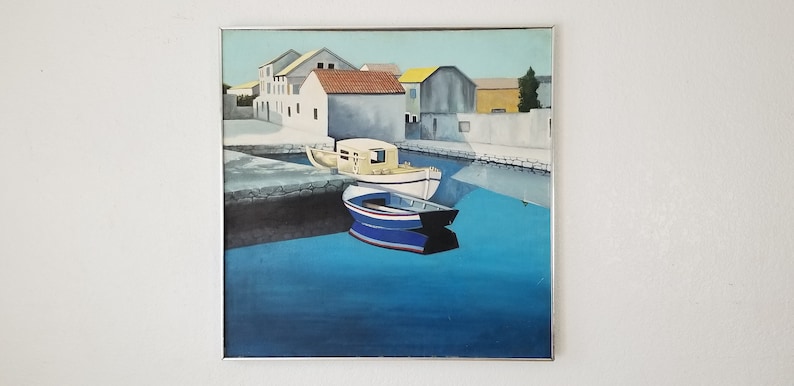 60's Modernist the Old Fishing Village Oil Painting by Kretschmann. image 1