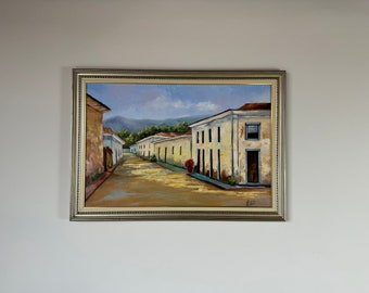 vintage Ana Robelo village espagnol huile sur toile