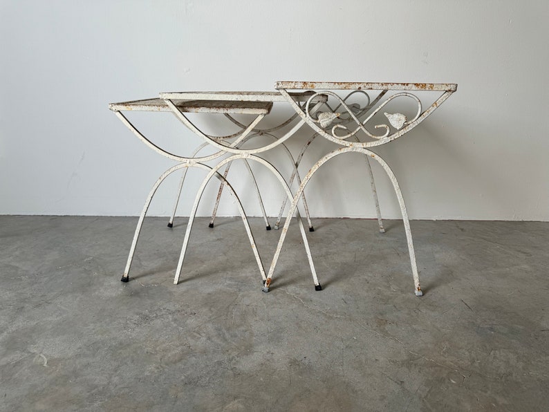 70's Mid-Century Salterini Style Wrought Iron Nesting Patio Side Tables Set Of 3 image 6