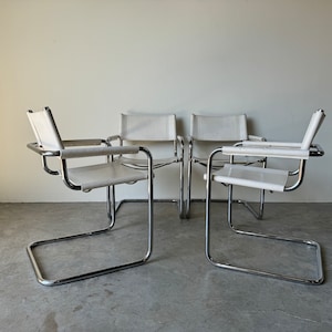 1970's Italian Marcel Breuer White Leather and Tubular Chrome Steel Chairs, Set of 4 image 2