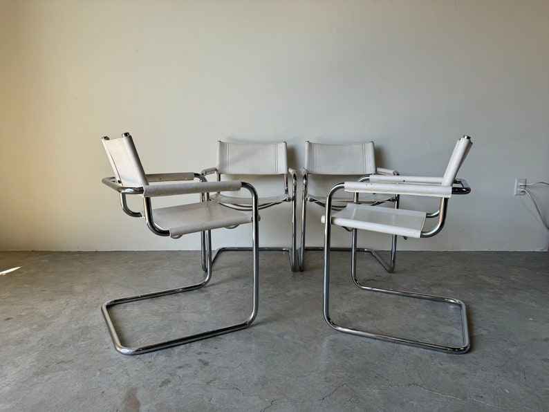 1970's Italian Marcel Breuer White Leather and Tubular Chrome Steel Chairs, Set of 4 image 2