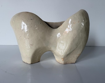 Vintage Beige Glazed Abstract Sculptural Ceramic Vase, Organic Modern, Unsigned