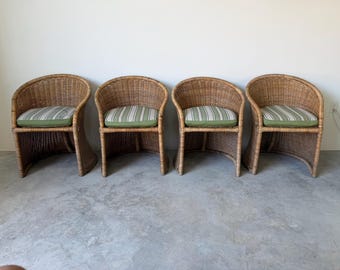 1970’s Vintage Coastal Organic Woven Wicker Barrel Back Dining Chairs – Set of 4