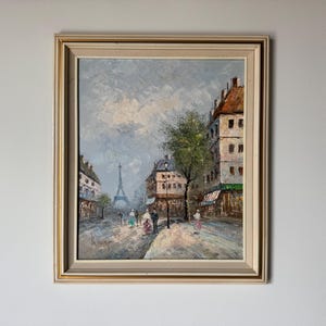 Vintage Parisian Street Scene Oil on Canvas Painting by Burnett