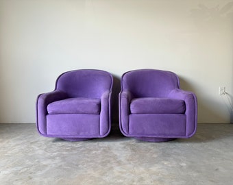 Post-Modern Purple  Upholstered Swivel Lounge Chairs - A Pair