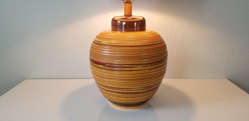 Mid-Century Textural Striped Pottery Table Lamp. image 4