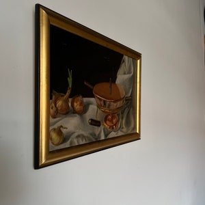 60's Vintage Copper Pot & Onions Impressionist Still Life Oil on Canvas Painting, Signed image 2