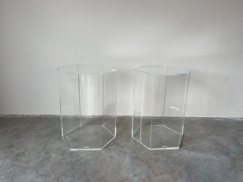 A Pair of Vintage Hexagon Lucite Pedestals, Signed image 1