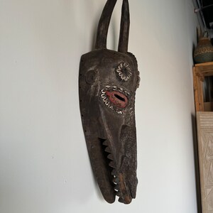 Vintage African Tribal Ceremonial Horn Head Crocodile Mask image 2