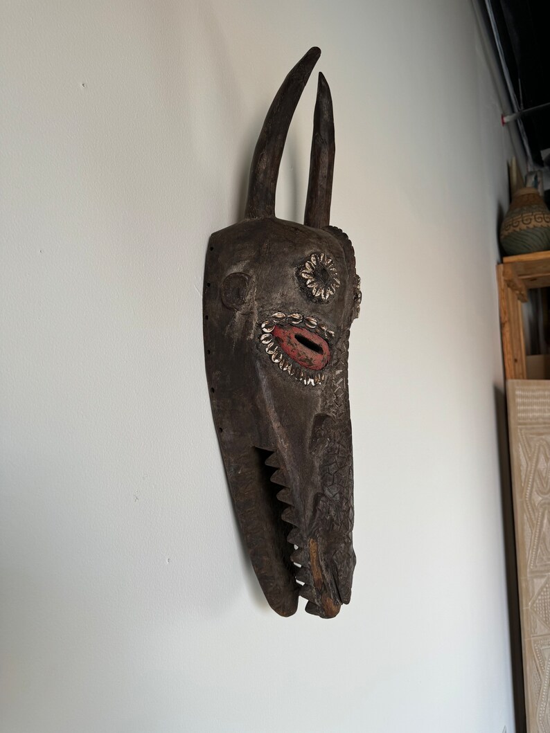 Vintage African Tribal Ceremonial Horn Head Crocodile Mask image 2