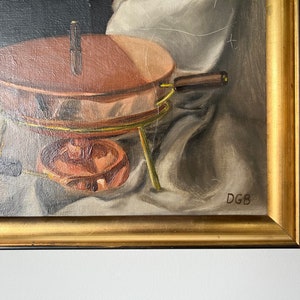 60's Vintage Copper Pot & Onions Impressionist Still Life Oil on Canvas Painting, Signed image 6