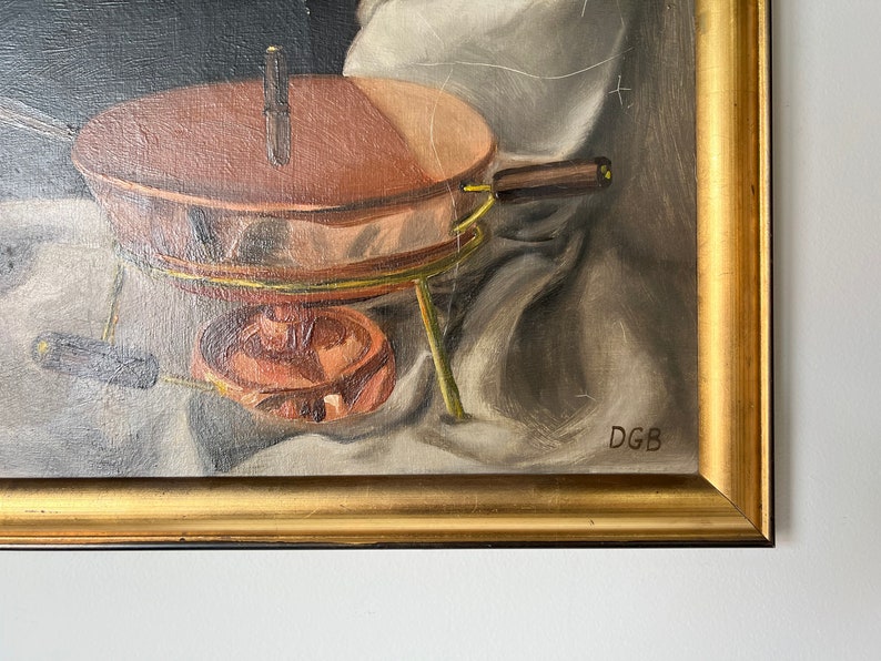 60's Vintage Copper Pot & Onions Impressionist Still Life Oil on Canvas Painting, Signed image 6