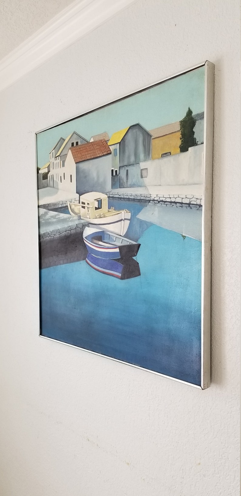 60's Modernist the Old Fishing Village Oil Painting by Kretschmann. image 3