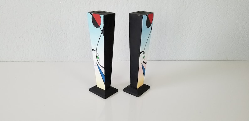 1990s Postmodern Memphis Style Hand Painted Candle Holders a Pair. image 3