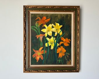 1970's Vintage B. Glazer Daylilies Floral Still Life Oil On Canvas Painting, Framed