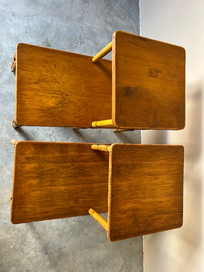 Vintage Heywood-Wakefield Style Bamboo & Rattan Side Tables a Pair image 6