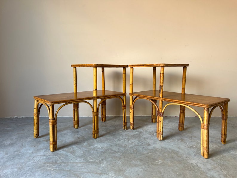 Vintage Heywood-Wakefield Style Bamboo & Rattan Side Tables a Pair image 8