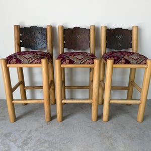 Vintage Rustic Southwestern Log Bar Stools with Metal Eagle Backrests – Set of 3