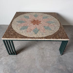 1980’s Vintage Floral Medallion Design  Mosaic Top Coffee Table with Green Painted Iron Base