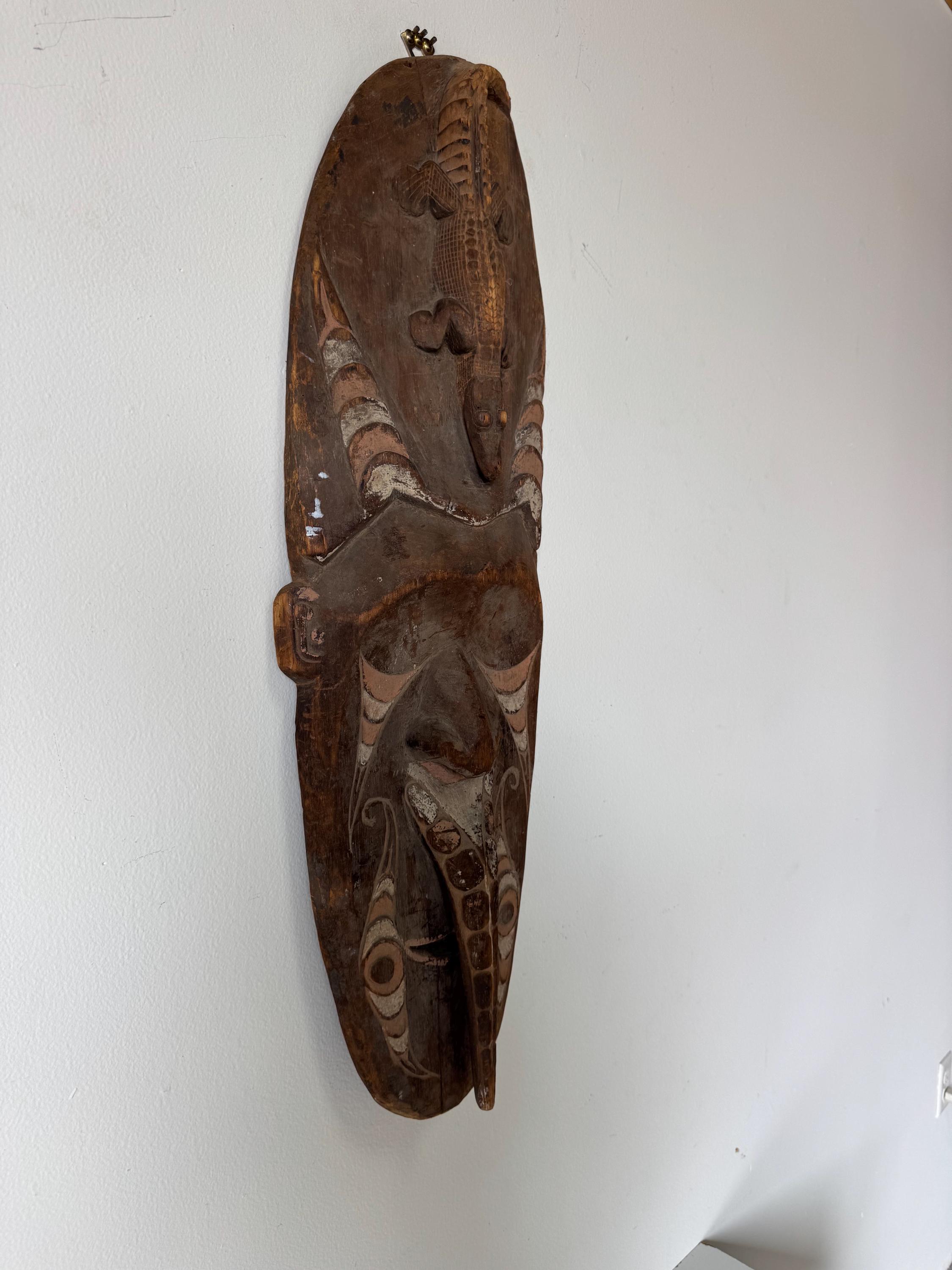 Vintage African Tribal Hand-carved Wooden Mask With Crocodile