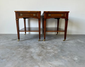 Pair Of Heritage Henredon Leather Top Side Tables / Nightstands With Brass  Wheels