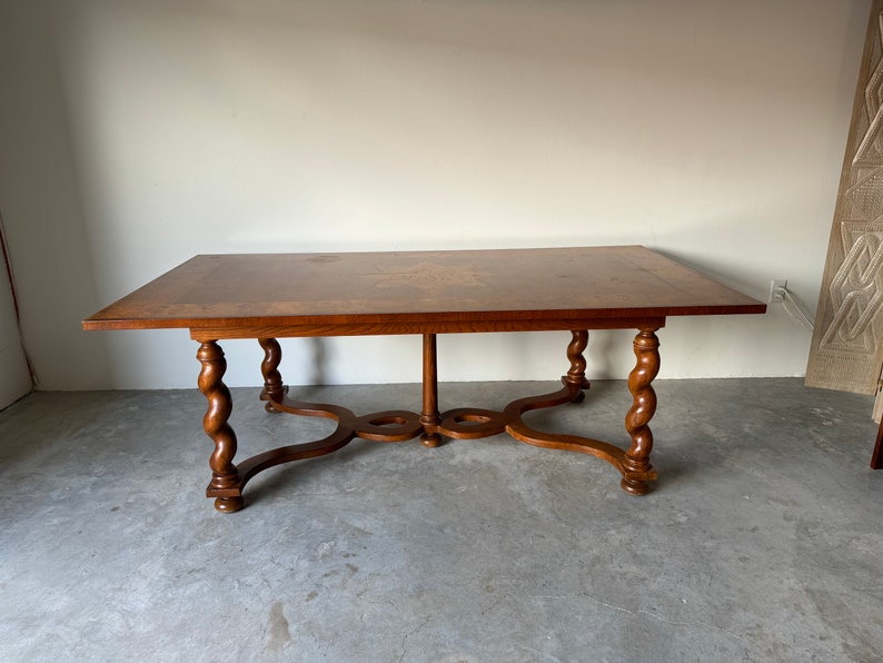 Baker Furniture Walnut And Inlaid Burlwood Dining Table With Barley Twist Legs image 10