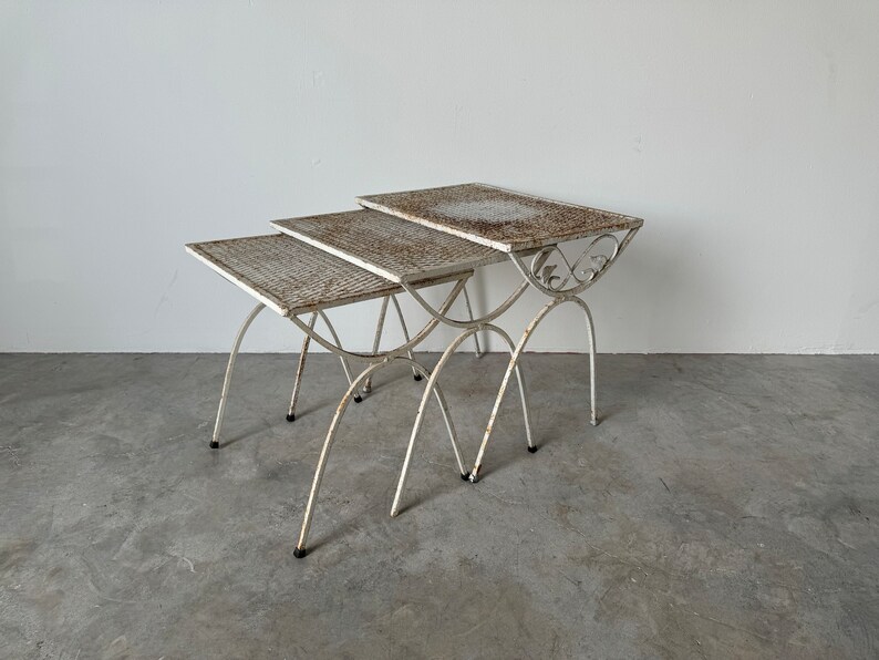 70's Mid-Century Salterini Style Wrought Iron Nesting Patio Side Tables Set Of 3 image 9