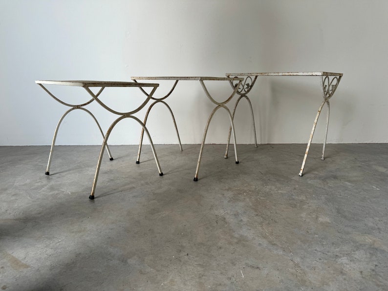 70's Mid-Century Salterini Style Wrought Iron Nesting Patio Side Tables Set Of 3 image 2