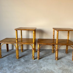 Vintage Heywood-Wakefield Style Bamboo & Rattan Side Tables a Pair image 2