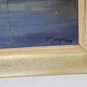 May include: A framed painting with a blue and white abstract design. The painting is signed "P.C. Simpson 1995" in the bottom right corner.