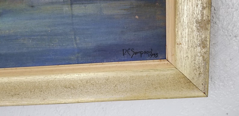 May include: A framed painting with a blue and white abstract design. The painting is signed "P.C. Simpson 1995" in the bottom right corner.