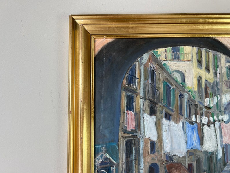 60's Vintage Yenica C. Urban Street Market Scene Impressionist Oil on Canvas Painting, Framed image 7