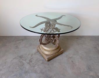Vintage Wrought Iron & Concrete Pedestal Outdoor Dining Table with Glass Top