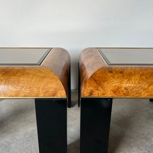 Mid-Century Burlwood and Smoked Glass Side Tables a Pair image 6