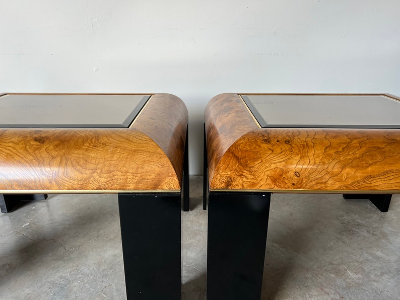 Mid-Century Burlwood and Smoked Glass Side Tables a Pair image 6