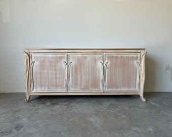 Hollywood Regency Style Cerused Wood Finish and Travertine Top Sideboard