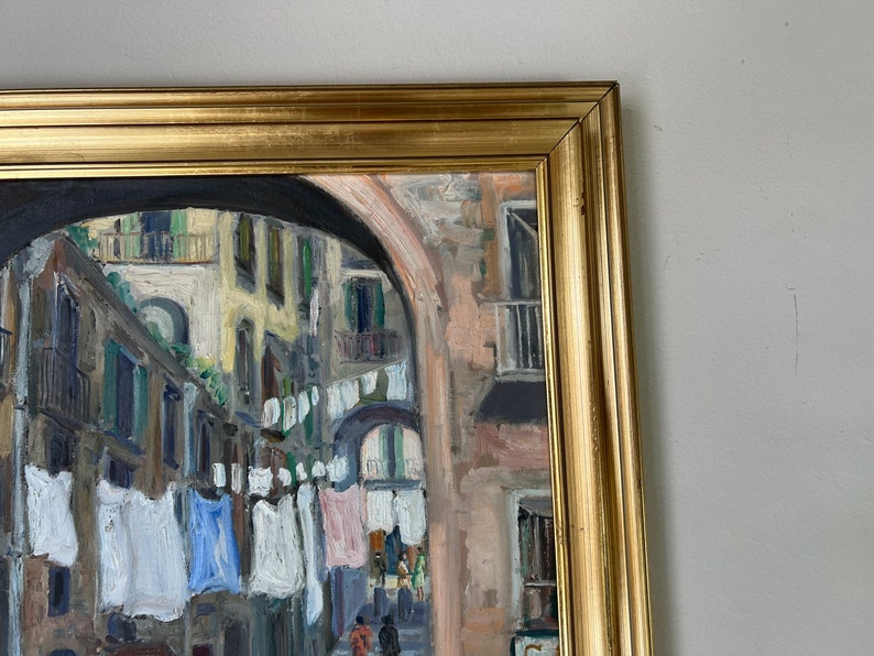 60's Vintage Yenica C. Urban Street Market Scene Impressionist Oil on Canvas Painting, Framed image 5