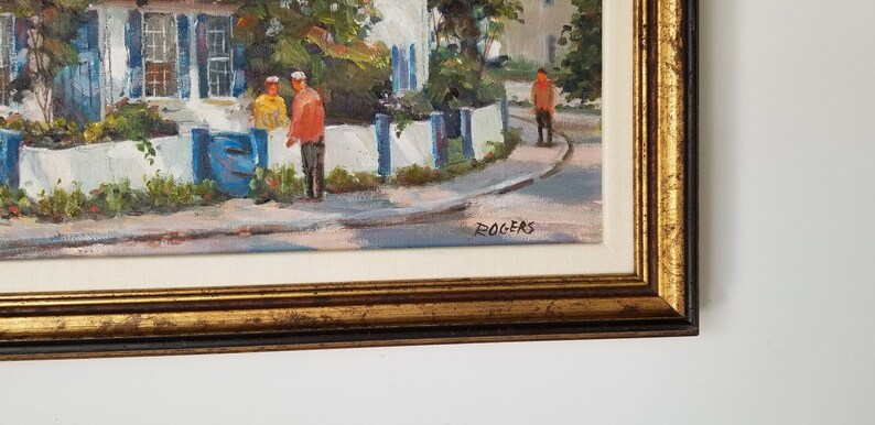 1970s Village Street Scene Oil Painting by Rogers, Framed. image 5