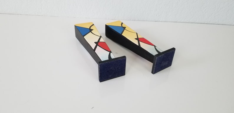 1990s Postmodern Memphis Style Hand Painted Candle Holders a Pair. image 5