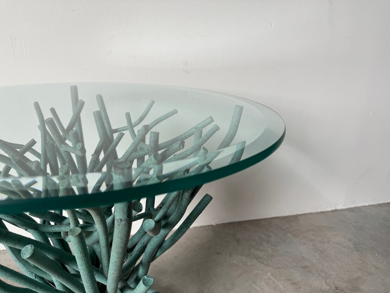 Palm Beach Hollywood Regency Turquoise Faux Coral Wrought Iron Side Table W/ Glass Top image 4