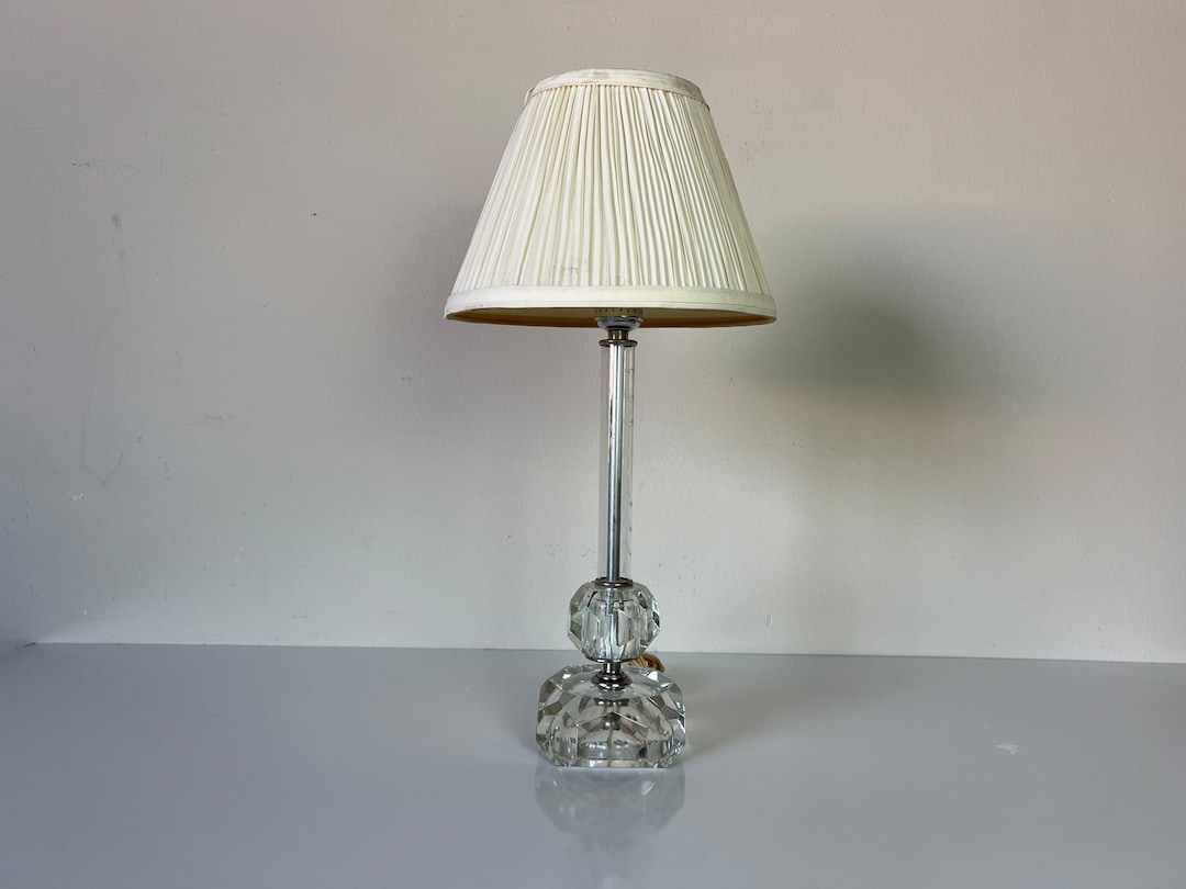Vintage Crystal Glass Boudoir Candlestick Table Lamp W/ Etched Floral