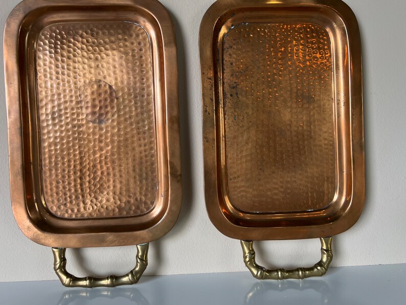 Vintage Hand Hammered Copper and Brass Handle Trays a Pair image 8