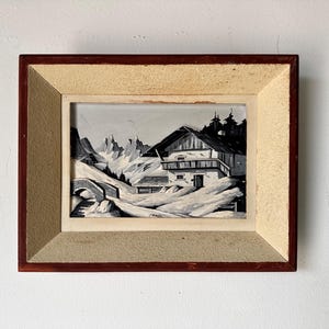 1970s Vintage Carved Wood Relief Winter Landscape Painting, Signed