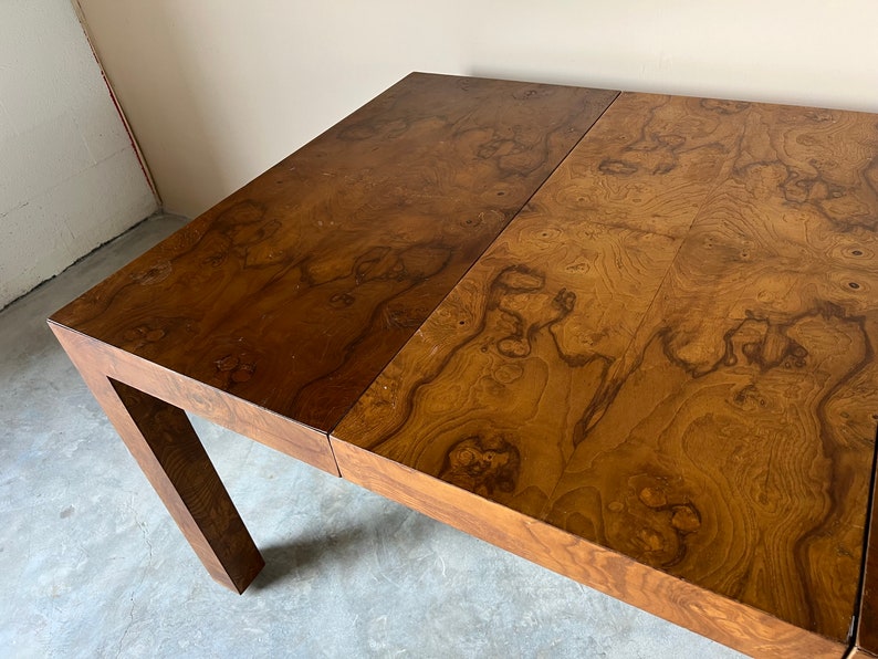 Mid-Century Modern Milo Baughman Parsons Style Burl Wood Dining Table image 9