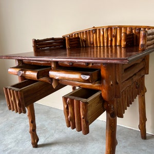 Vintage Handmade Rustic Wood Desk W/ Stool image 3