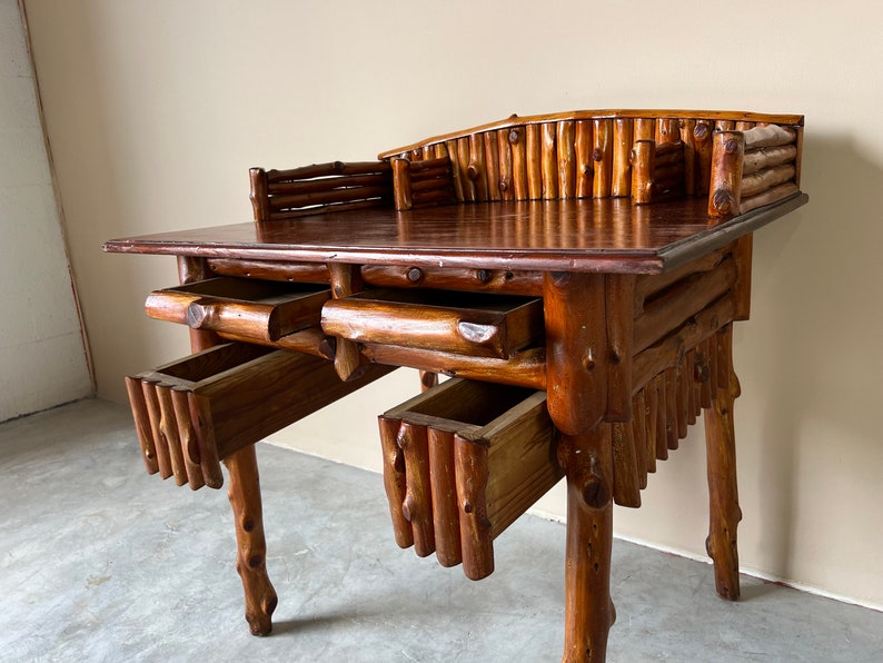 Vintage Handmade Rustic Wood Desk W/ Stool image 3