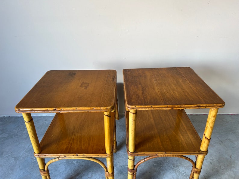 Vintage Heywood-Wakefield Style Bamboo & Rattan Side Tables a Pair image 4